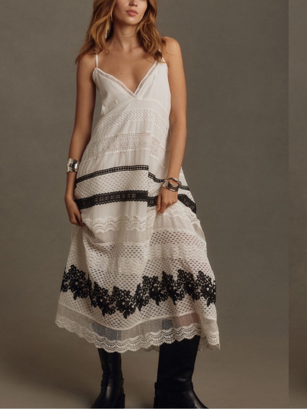 Anthropologie White Maxi Dress with Black Lace Trim
